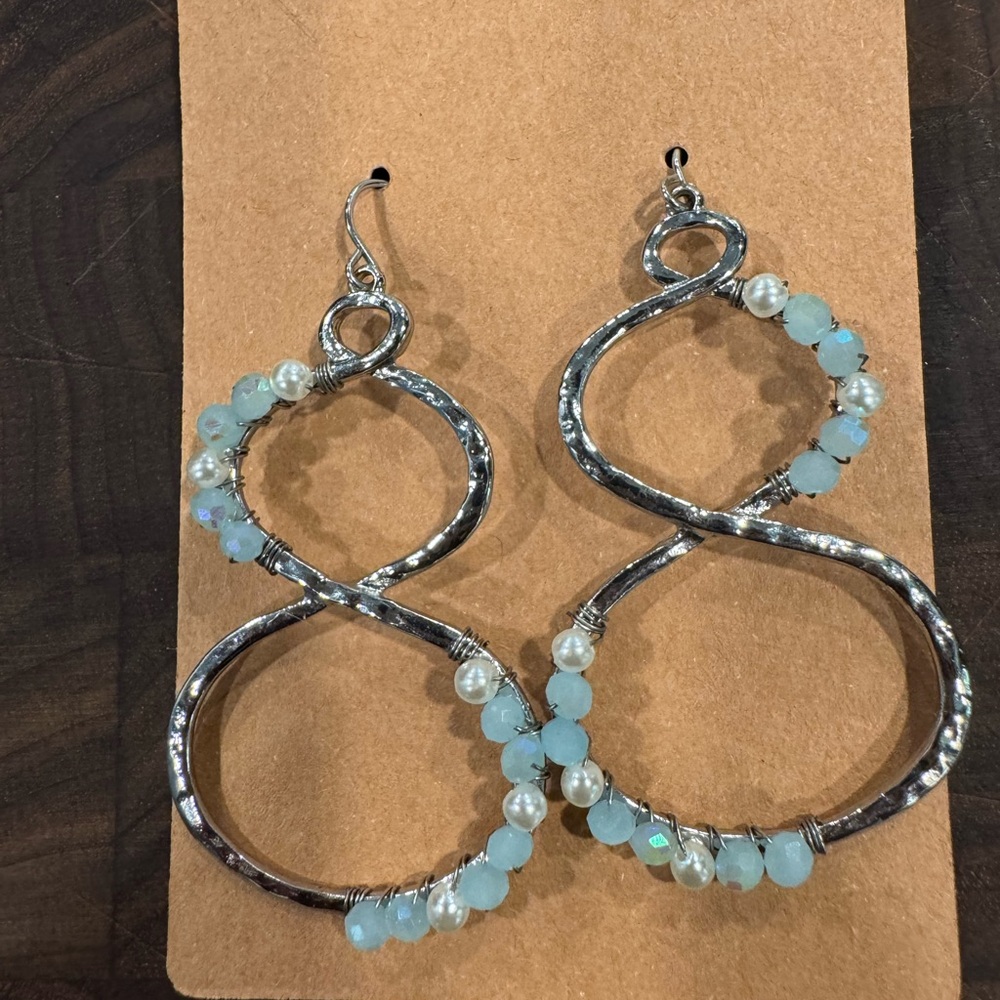 Sterling-Tone Infinity Drop Earrings with Light Blue Beads and Pearls